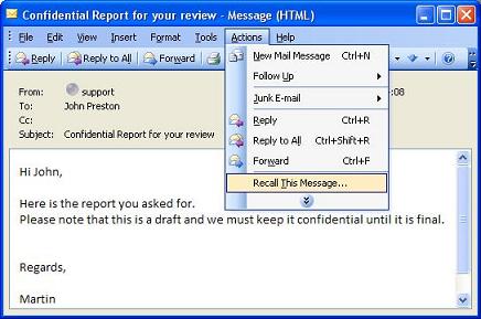 recalling mail in outlook 2007