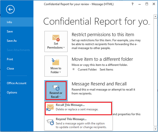 outlook 2010 recall message option missing