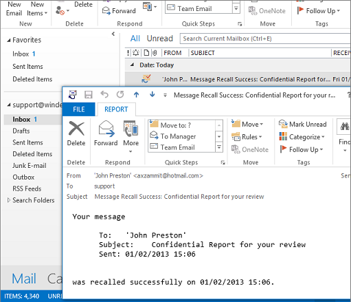 what happens if you recall a message in outlook