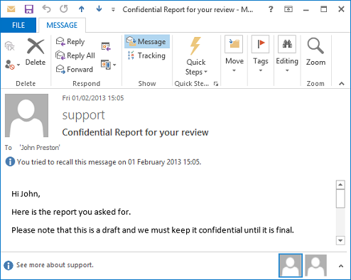 message recall failure in outlook 2010